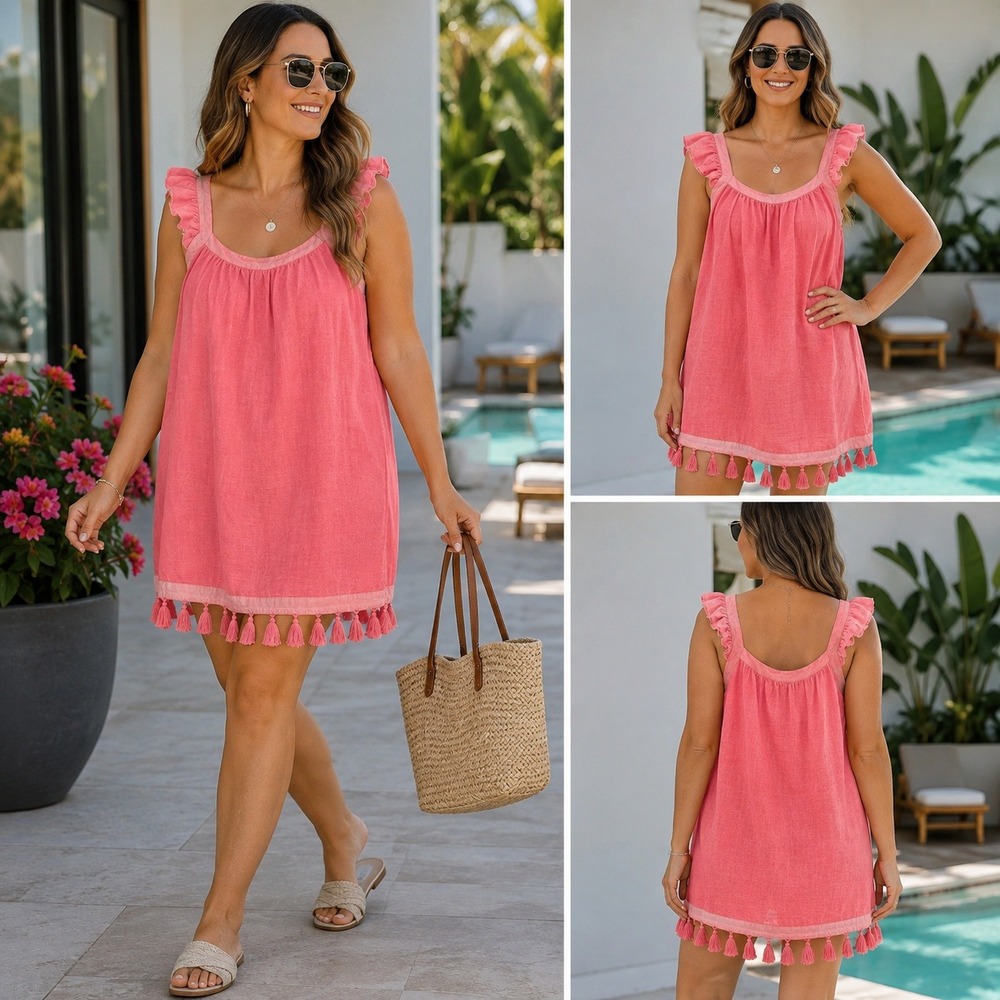 Vineyard Vines Pink Ruffle Tassel Cotton Linen Cover Up Dress 2X 2C001206